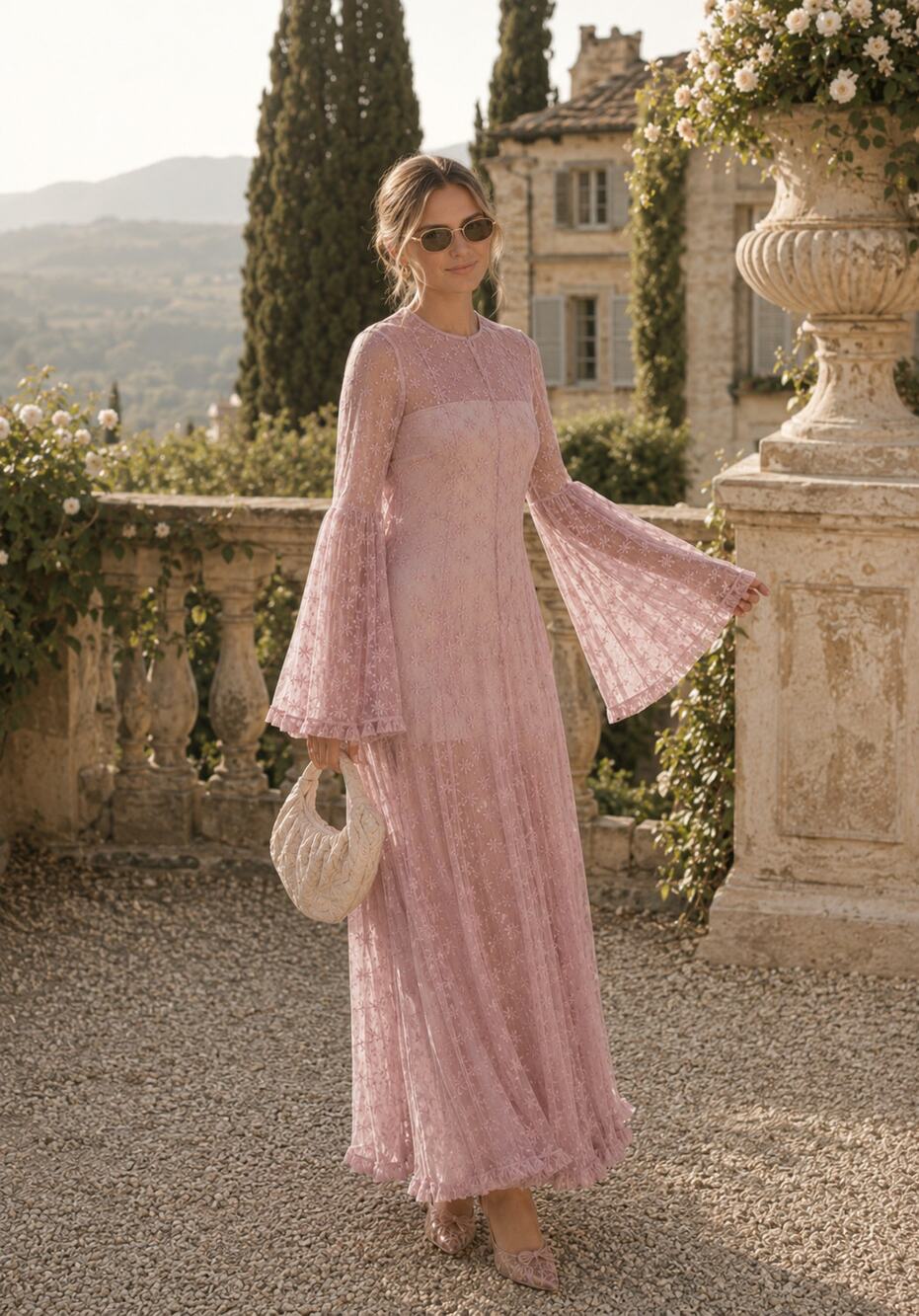 Doen | NWT Adalise Dress in Tulip Pink Sheer Embroidered Tulle Maxi Gown L